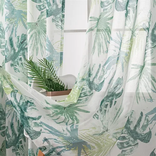 Miniatura 12 de VISIONTEX Cortinas transparentes con estampado de gasa, estilo abstracto europeo, estampado de hojas azules y amarillas, 2 paneles para decoración