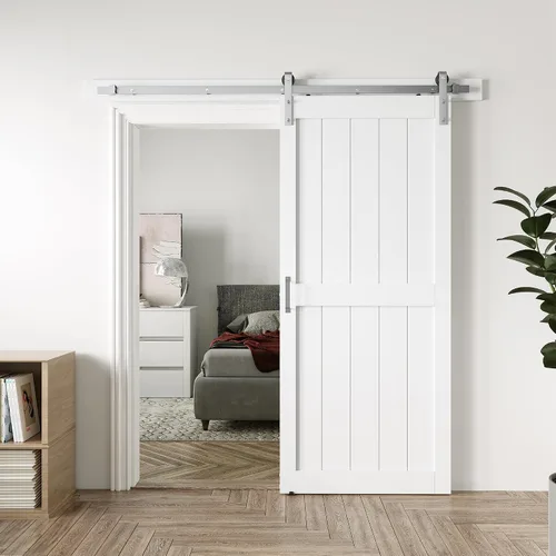 Miniatura 19 de Puerta corrediza de granero MDF de 30 x 80 pulgadas con kit de herrajes para puerta de granero de 5 pies, losa para puerta de granero con superficie
