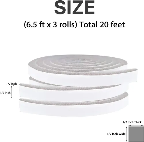 Miniatura 2 de Burlete de Espuma para Clima - 3 Rollos, 1/2 Pulgada de Ancho X 1/2 Pulgada de Grosor, Total 20 Pies de Largo, Aislamiento Adhesivo de Aire Gris