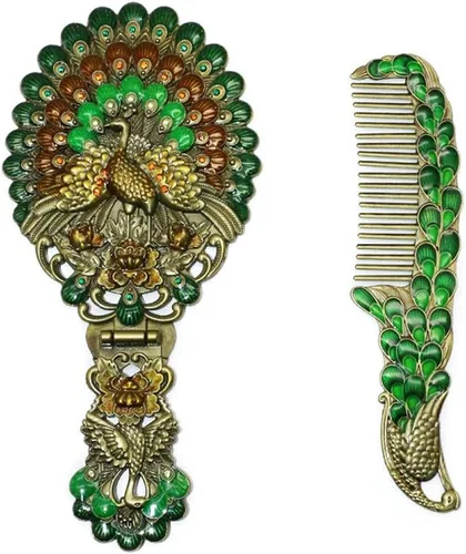 Miniatura 8 de Rayberro Espejo de mano vintage con juego de peine, espejo de mano vintage de pavo real en relieve metálico, espejo de maquillaje para la cara