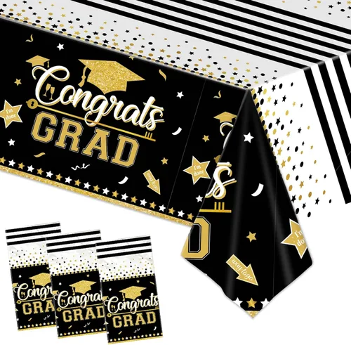 Mantel de graduación para decoración de fiesta, paquete de 3 manteles de graduación de clase de 2026, color negro y dorado, mantel rectangular de