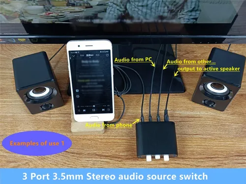 Miniatura 5 de Nueva Caja divisora de audio D3 3 (1)-entrada-1 (3)-salida, mini conmutador de señal de entrada de fuente selector divisor de 3.5mm estéreo