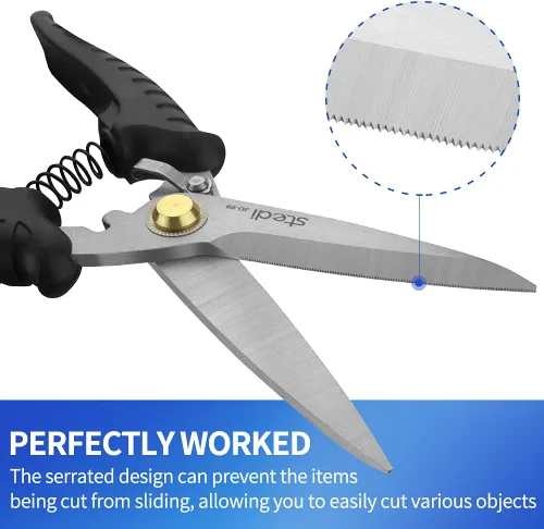 Miniatura 6 de stedi Tijeras resistentes, multiusos, con cuchillas de acero inoxidable de alto carbono finamente dentadas, muesca de cable eléctrico de fácil