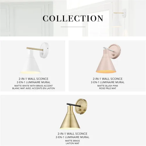 Miniatura 12 de Globe Electric 65542 - Candelabro de pared de 1 luz con enchufe o cableado, blanco mate, acento en latón, interruptor giratorio de atenuación sin