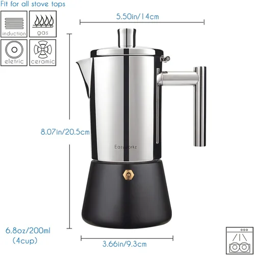 Miniatura 3 de Easyworkz Diego - Cafetera de café espresso de acero inoxidable de 4 tazas de 6.8 onzas, con cuchara de café retro de acero inoxidable con mango