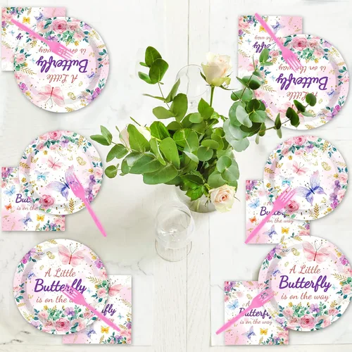 Miniatura 5 de 96 piezas de suministros para fiesta de baby shower con mariposas, una pequeña mariposa está en camino, platos de papel, servilletas, decoración