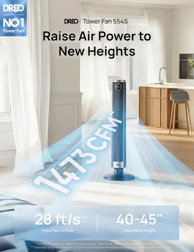 Miniatura 2 de DREO Ventilador de torre inteligente para dormitorio, altura ajustable de 40 a 45 pulgadas, velocidad de 28 pies/s, motor de CC, 9 velocidades, 4