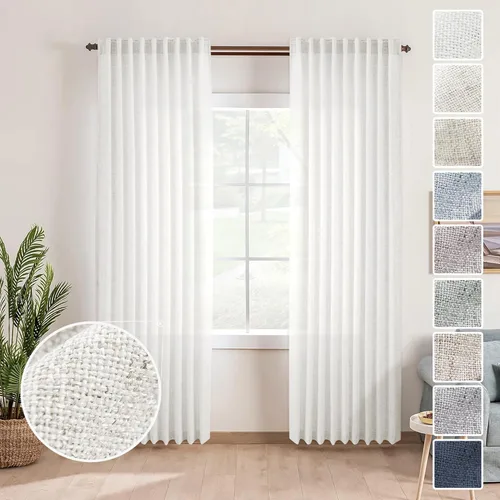 Miniatura 56 de Cortinas de lino 92 pulgadas de largo, juego de 2 paneles con bolsillo para barra, lengüeta trasera, cortinas transparentes para ventanas