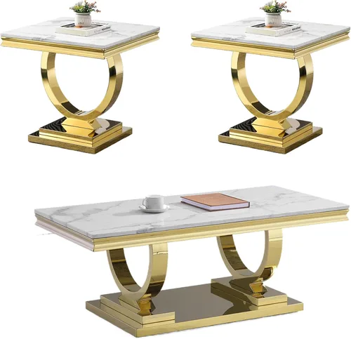 Miniatura 22 de Juego de 2 mesas de café de mármol, juego de mesa de sala de estar de 2 piezas que incluye 1 mesa auxiliar y 1 mesa auxiliar, moderna mesa auxiliar