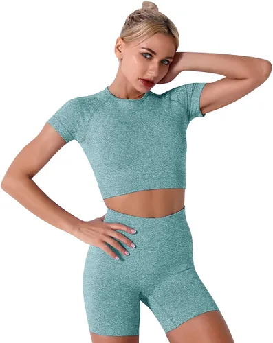 Miniatura 2 de Conjunto de yoga para mujer, sin costuras, pantalones cortos de ejercicio de cintura alta con brasier deportivo, 3 piezas, conjunto deportivo
