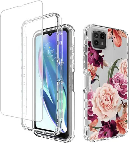 Funda para Moto G50 5G, Motorola G50 XT2149-1 con protector de pantalla de vidrio templado, funda protectora de cuerpo completo con patrón floral