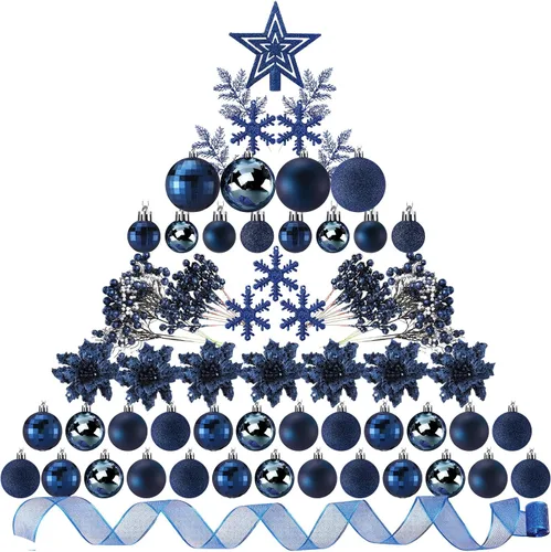 Miniatura 18 de Sratte 94 piezas de adornos para árbol de Navidad, adornos de bolas de Navidad con purpurina, flores de nochebuena, decoraciones con bayas Azul