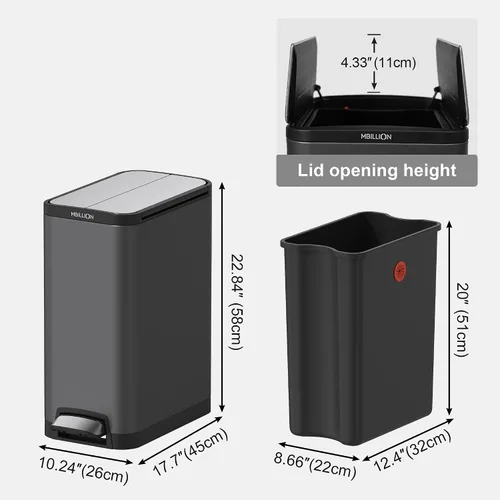 Miniatura 3 de Mbillion Cubo de basura con forro de 35 litros/9.3 galones, tapa de mariposa, abierto, cierre silencioso, rectangular, de acero inoxidable