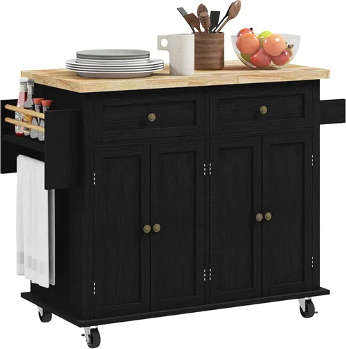 Miniatura 15 de HOMCOM Carrito de Isla de Cocina con Superficie de Madera de Caucho, Mesa de Isla de Cocina Rodante sobre Ruedas con Cajones, Estantes Ajustables
