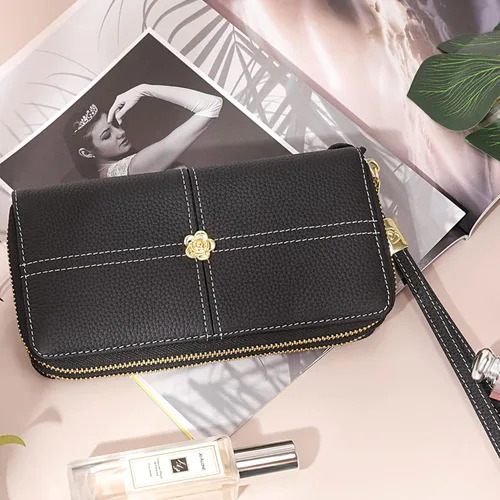 Miniatura 2 de Cartera de cuero real para mujer con adorno de camelia, bloqueo RFID, bolsillo para monedas, Negro, L, Clásico