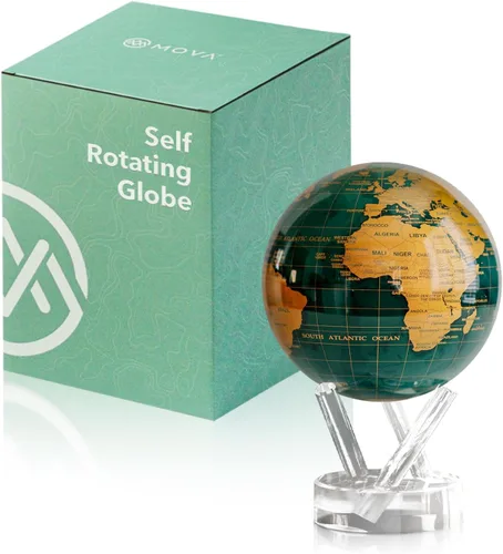 MOVA Globe - Verde esmeralda y dorado clásico (4.5 pulgadas) | Movimiento alimentado por energía solar | Sin baterías | Regalo para escritorio,
