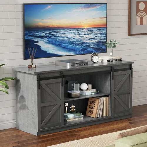 Miniatura 12 de YESHOMY - Soporte de TV para televisores de hasta 65 pulgadas, con puertas corredizas estilo granja y gabinetes de almacenamiento, mesa consola
