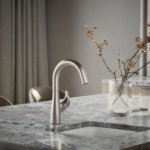 Miniatura 2 de KOHLER 30472-VS Rival - Grifo para fregadero de barra de un solo mango, boquilla oscilante arqueada, 1.5 GPM, memoria de temperatura, acero