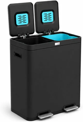 Home Zone Living CleanAura - Bote de basura de cocina de 16 galones con compartimentos dobles para reciclaje, control de olores, acero inoxidable,