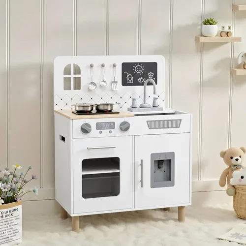 Miniatura 9 de Arlopu Juego de cocina de madera para niños con pizarra, luces y sonidos realistas, cocina interactiva con estufa, dispensador de agua, 6 utensilios