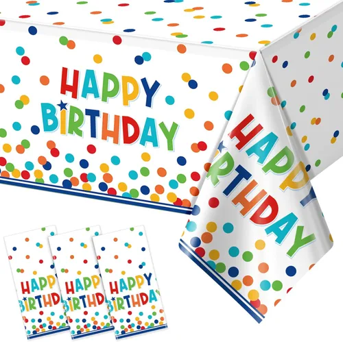 Paquete de 3 manteles de plástico para decoración de cumpleaños, manteles desechables de lunares coloridos, mantel rectangular impermeable para