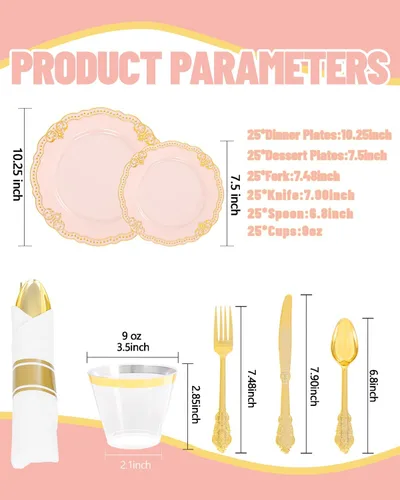 Miniatura 7 de Ciaell 350 platos de plástico rosa, platos desechables de color rosa y dorado, incluyen 50 platos desechables, 150 cubiertos resistentes, 50 tazas