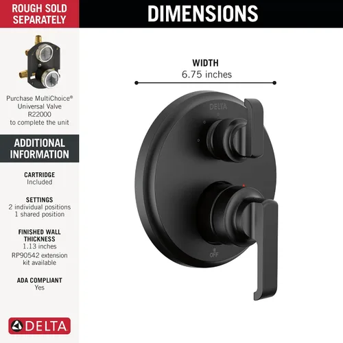 Miniatura 2 de Delta Tetra Kit de Acabado de Manija de Ducha de Una Sola Función con Desviador Integrado de 3 Vías, Sistema de Ducha Negro Mate Válvula
