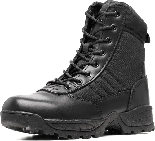 Botas tácticas para hombre, 8 pulgadas, cremallera lateral, botas militares de combate de cuero, botas de trabajo para hombres, policía, motocicleta