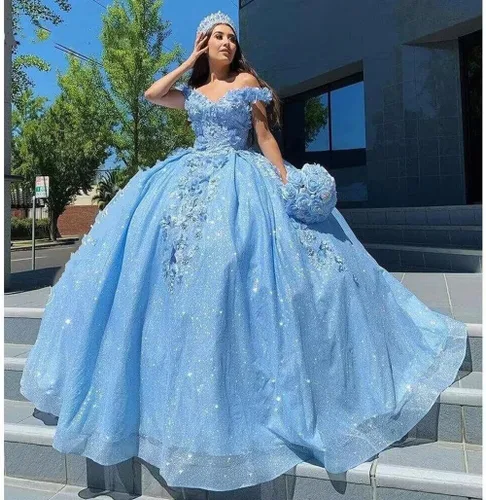 Miniatura 16 de Ftupza Preciosos vestidos de quinceañera florales 3D vestidos de tul hinchados para mujeres fuera del hombro vestido de fiesta largo FFtu09