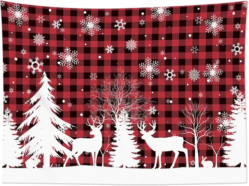 Miniatura 5 de HVEST Tapiz de nieve de invierno para colgar en la pared, diseño de ciervo y conejo blanco sobre fondo a cuadros rojos y negros, tapiz de copo