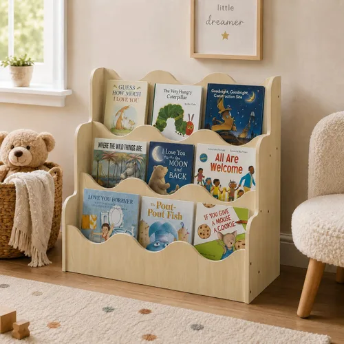Miniatura 12 de NACHES Estantería Montessori de 4 niveles para niños, estante de madera con diseño festoneado, organizador de juguetes para guardería, dormitorio