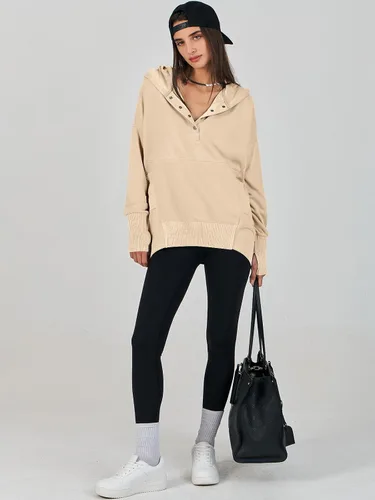Miniatura 5 de ANRABESS Sudadera casual con botones y cuello en V para mujer, sudadera de gran tamaño con capucha y bolsillos
