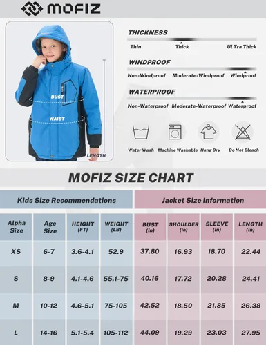 Miniatura 7 de MoFiz Boys Waterproof Skiing Jacket Kids Hooded Fleece Winter Snowboard Jackets Windproof Warm Outerwear with Zip Pockets