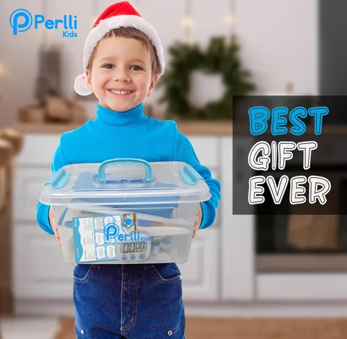 Miniatura 7 de PERLLI Juego de cocina real para niños para cocinar y hornear, 31 piezas. Regalo para chef junior con utensilios reales, estuche y juego