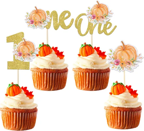 Miniatura 10 de Rsstarxi Paquete de 24 decoraciones de calabaza con purpurina para cupcakes de primer cumpleaños, decoración de pastel de calabaza para el primer