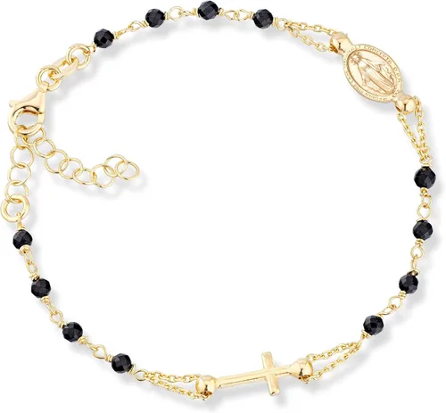 MiaBella Pulsera de cuentas de plata de ley 925 italiana de oro de 18 quilates con rosario de espinela negra natural para mujeres y adolescentes