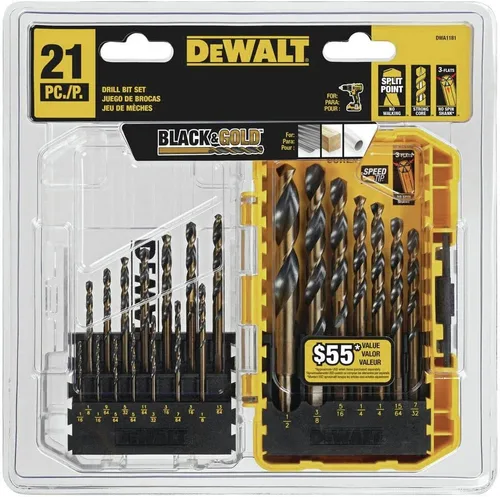 Miniatura 3 de DEWALT Juego de brocas, 21 brocas DEWALT de acero de alta velocidad, revestimiento de óxido negro y dorado, punto dividido de 135 grados, hélice