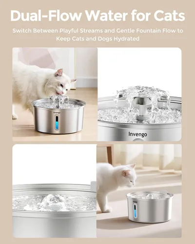 Miniatura 6 de Invengo Fuente de agua para gatos de acero inoxidable de 3.2L/108 onzas, fuente automática para mascotas para gatos y perros, bomba ultra silenciosa