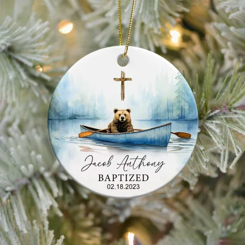 Miniatura 3 de Adorno de cerámica de bautizo bautizado con oso, recuerdo de bautizo personalizado de animales, adorno de bautismo personalizado de Dios bendiga