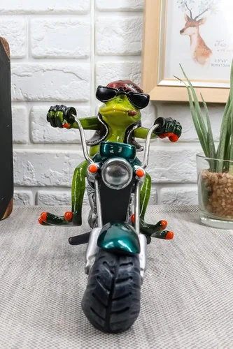 Miniatura 8 de Ebros 8.5 pulgadas de largo nacido para montar rana motero con pañuelo rojo fumar cigarro montado en picador metálico estatua de motocicleta