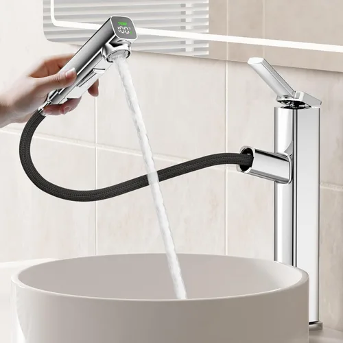 Miniatura 8 de HANLIAN Grifo extraíble de baño de un solo orificio con boquilla giratoria, grifo de una manija para lavabo de baño, grifo de baño moderno con Cromo