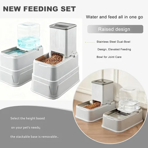 Juego de cuencos elevados para perros, alimentador automático de alimentos por gravedad de 1 galón y dispensador de agua con cuencos de acero