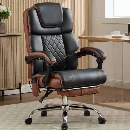 Miniatura 2 de Silla de oficina de masaje de 6 puntos, 500 libras con reposapiés, silla de escritorio reclinable de cuero con calor por vibración, sillas Negro