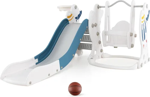 Miniatura 9 de Costzon - Juego de tobogán y columpio 4 en 1 para niños, para interiores y exteriores, con balancín, tobogán, escalador, aro de baloncesto y pelota