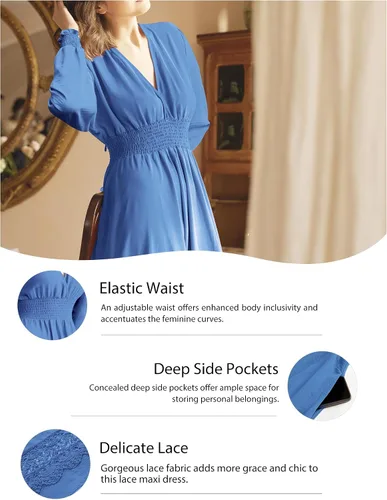 Miniatura 10 de Vestido largo de encaje para mujer de manga corta y cuello en V, vestido de fiesta estilo bohemio con cintura fruncida, vestido bohemio para mujer