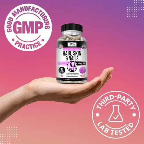 Miniatura 6 de Kaya Naturals Cápsulas de uñas para el cabello y la piel con biotina, vitaminas para el cabello y la piel, vitamina D, vitamina B-12 A, soporte