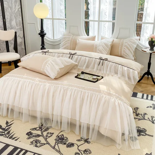 Miniatura 6 de SOUKECHY Juego de funda de edredón de encaje con volantes, ropa de cama elegante con lazo, ropa de cama de princesa para niños, 100% poliéster