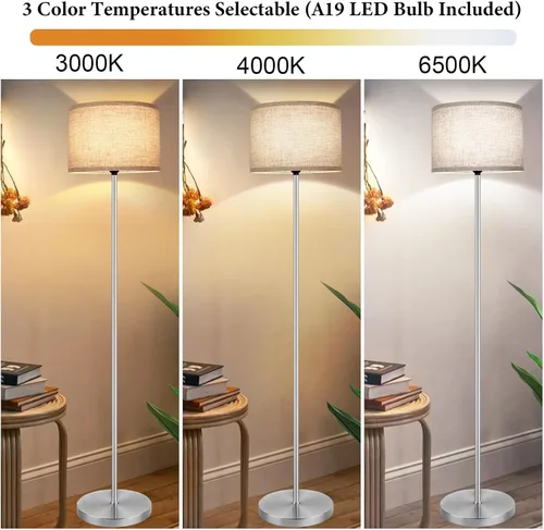 Miniatura 2 de Lámpara de pie de 65’’ moderna y simple con interruptor de pie, lámpara de pie plateada para sala de estar con bombilla LED de 3 colores Plata+crema