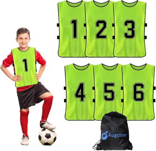 Miniatura 9 de Augctoer Numbered Soccer Pinnies - Chalecos de entrenamiento, baberos de práctica en equipo Scrimmage para adultos y jóvenes, paquete de 6 Naranja