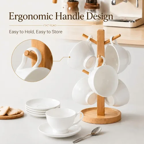 Miniatura 6 de Juego de 2 tazas y platillos de espresso de porcelana fina, juego de tazas de té blanco clásico de 5 onzas para café, capuchino, café con leche, té
